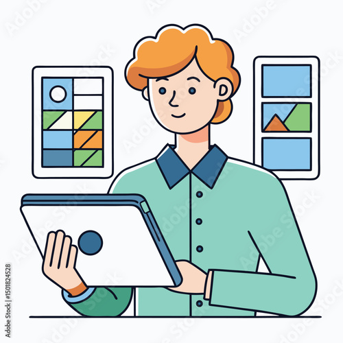 Digital artist holding tablet with portfolio behind him for design illustration