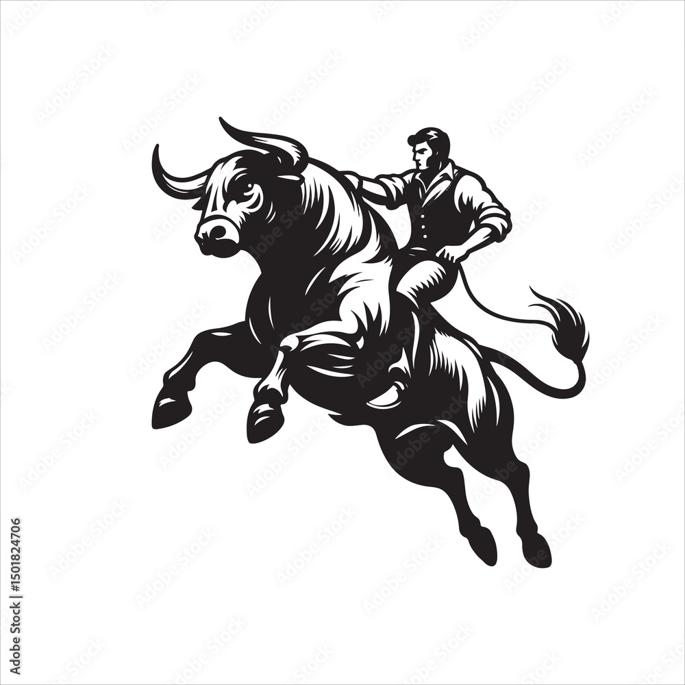Obraz premium Bull Rodeo Showdown – Cowboy Riding a Bucking Bull in Action