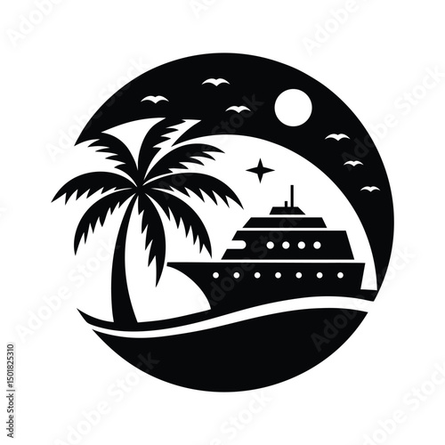 Cruise Ship with Palm Trees Vector Illustration, Tropical Cruise Ship and Palms Vector Art, Luxury Cruise Ship Tropical Island Vector