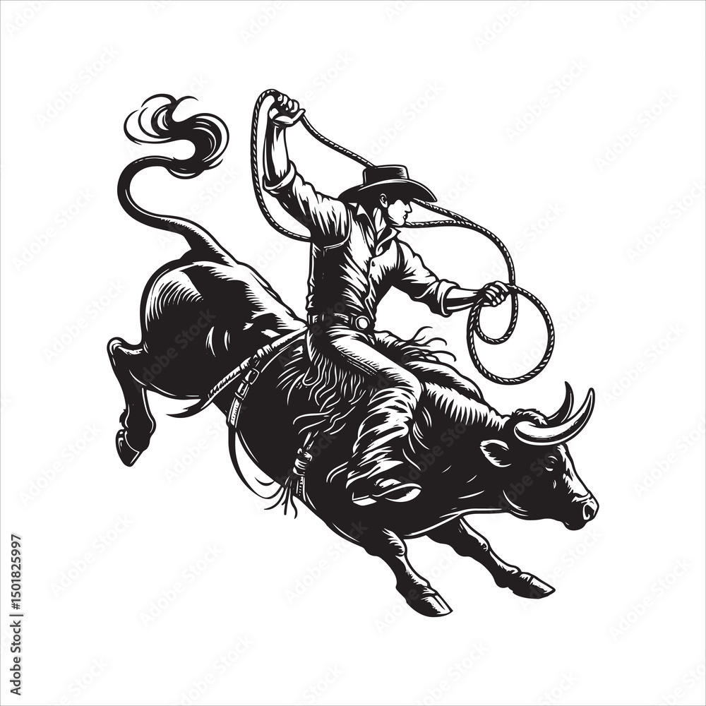 Obraz premium Bull Rodeo Showdown – Cowboy Riding a Bucking Bull in Action