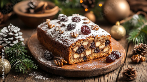 Festive fruit and nut cake served on a wooden platter with holiday decorations nearby in warm, cozy lighting