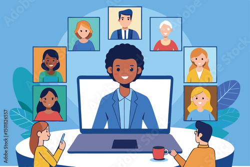 Diverse team in online video conference meeting on a laptop computer illustration