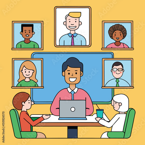 Diverse team having online video conference meeting with colleagues illustration