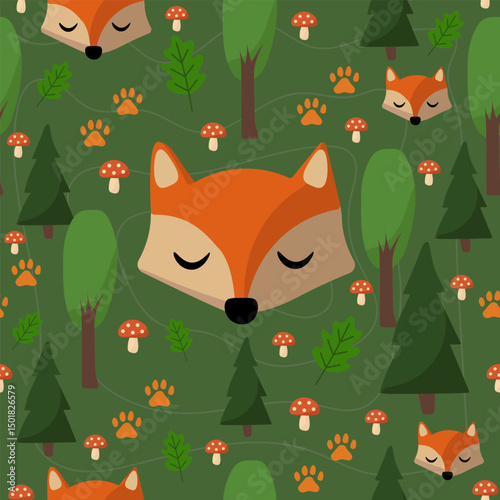 Sleeping Fox in Forest with Paw Prints – Green Seamless Pattern