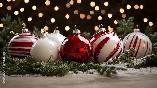 Colorful Christmas ornaments on a festive display with holiday lights and greenery