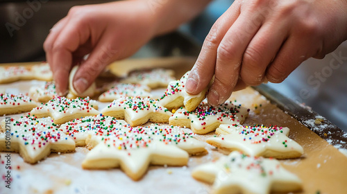 Baking decorated star-shaped cookies with colorful sprinkles in a cozy kitchen during the holiday season
