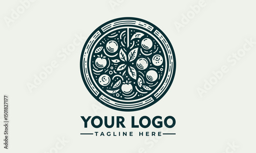 Ornate artistic pizza illustration divided into slices with decorative toppings and circular symmetry. Food concept
