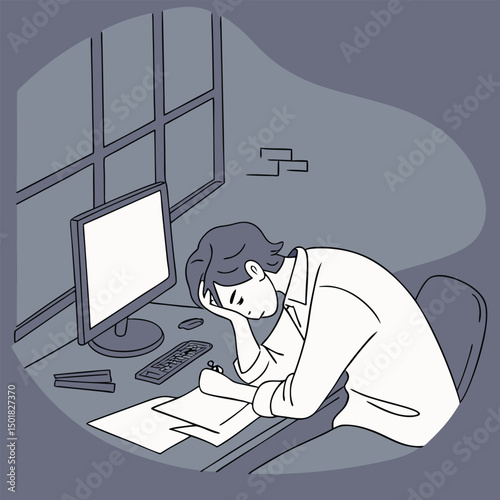 Exhausted office worker overwhelmed leaning on desk late at night illustration