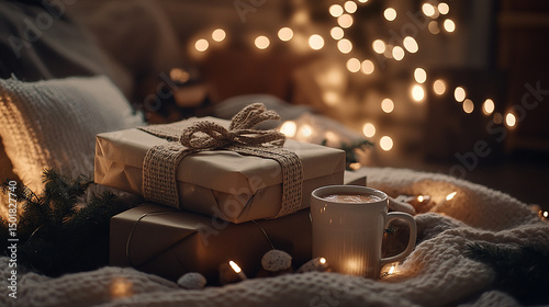 Cozy holiday setting with wrapped gifts and a warm beverage on a soft blanket