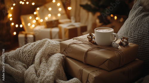 Cozy setting with wrapped gifts and a warm drink by a twinkling light backdrop during winter holidays