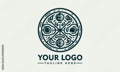 Ornate artistic pizza illustration divided into slices with decorative toppings and circular symmetry. Food concept
