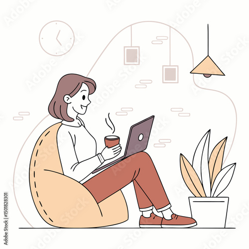 Freelancer girl working on laptop holding coffee cup at home illustration