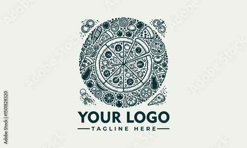 Ornate artistic pizza illustration divided into slices with decorative toppings and circular symmetry. Food concept
