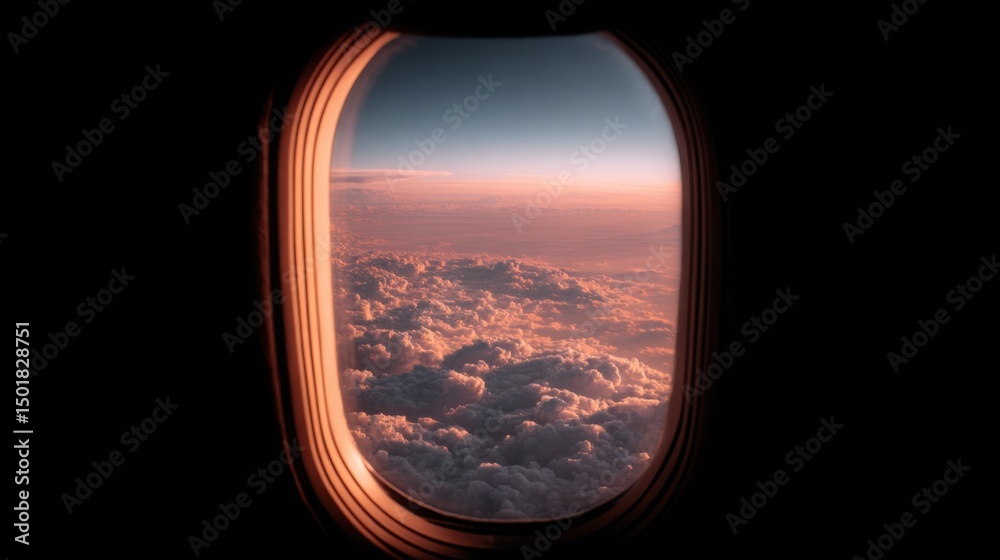 Fototapeta premium Airplane Window View of Clouds at Sunset Eye-Level Shot in Flight Travel Vacation Concept