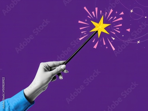 Hand holding a magic wand with star on purple