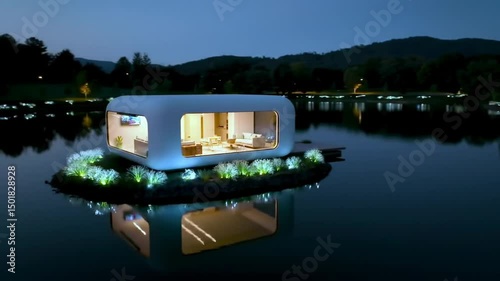 Floating Island Home Modern Residence On A Calm Lake At Dusk