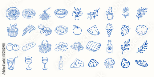 A blue and white drawing of various food items, including a wine glass, a bottle, and a bowl