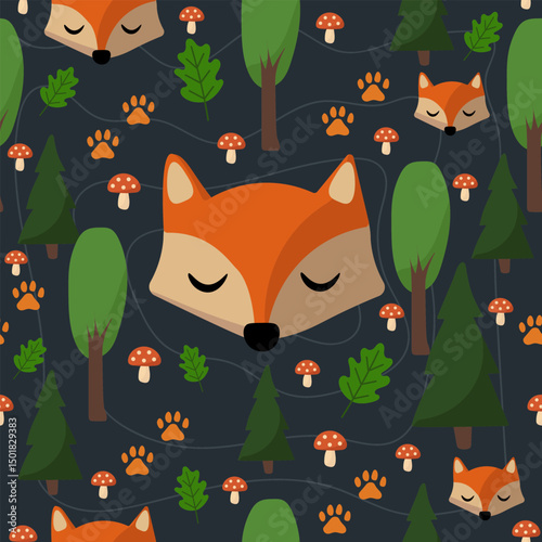 Enchanted Forest Night Pattern with Fox – Black Background