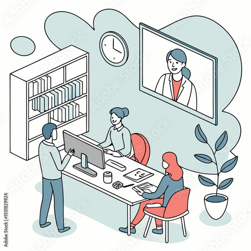 Isometric business team having a video conference meeting in the office