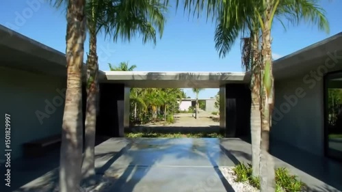 Modern Tropical Home Entrance With Palm Trees On Sunny Day