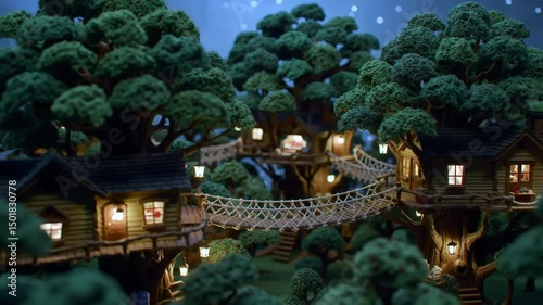 Enchanting Treehouse Village Surrounded By Lush Green Foliage At Night