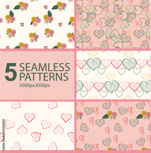 This soothing pattern set combines soft floral strokes, minimalist heart forms, and botanical lines to evoke pure, peaceful love. Great for wellness branding, stationery, home decor, soft packaging