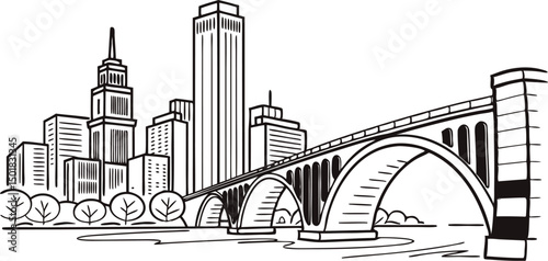 Minneapolis skyline, capturing the IDS Center and Stone Arch Bridge in a sleek, continuous-line style.