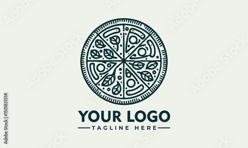 Ornate artistic pizza illustration divided into slices with decorative toppings and circular symmetry. Food concept
