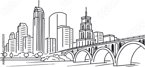 Minneapolis skyline, line drawing style. Vector