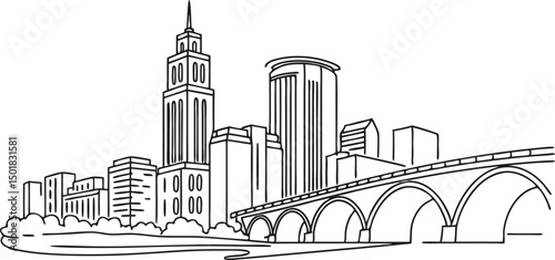 Minneapolis skyline, capturing the IDS Center and Stone Arch Bridge in a sleek, continuous-line style.