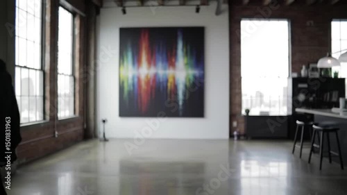People Walking In A Modern Loft Apartment With Abstract Artwork
