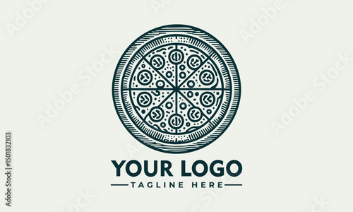 Ornate artistic pizza illustration divided into slices with decorative toppings and circular symmetry. Food concept
