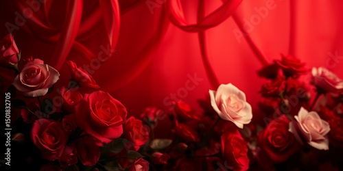 A vibrant display of red roses and ribbons against a matching red backdrop creating a romantic scene