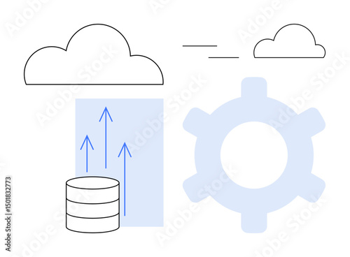 Cloud with arrows rising from database, gear symbolizing processing, and additional cloud. Ideal for cloud storage, data transfer, technology, IT services, system integration, innovation flat simple