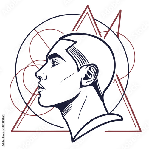 Minimalist male face illustration featuring geometric overlays, clean lines, and abstract modern portrait design elements.