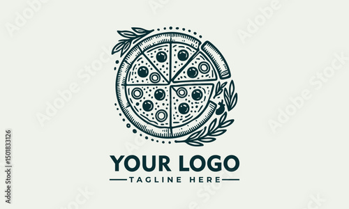 Ornate artistic pizza illustration divided into slices with decorative toppings and circular symmetry. Food concept
