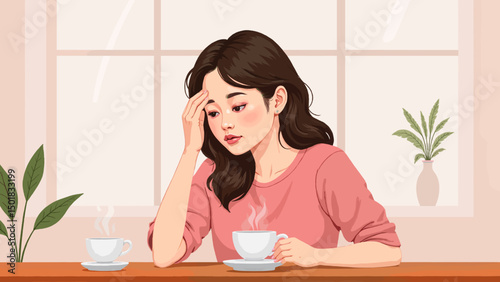 Young woman looking thoughtful while drinking coffee at home  
