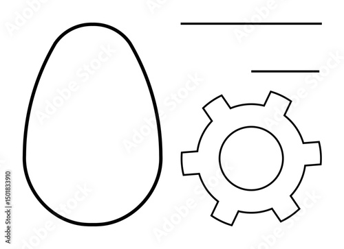 Minimalist line art with an egg-shaped object, a gear, and parallel lines symbolizing innovation, engineering, simplicity, structure, process, automation, and a simple landing page