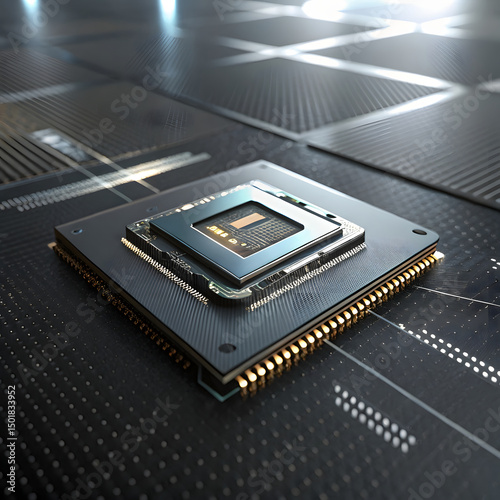 Technology scene showing quantum computing chip suspended above magnetic cooling plate on a black carbon-fiber surface with faint ambient reflections captured with advanced lens and lighting for maxim
