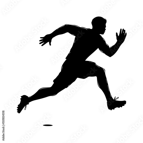 Silhouette of a male athlete in mid-stride sprinting pose, captured in full motion, symbolizing speed, strength, and determination, isolated on a white background.