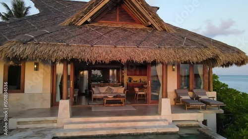 Exotic Beach Villa With A Thatched Roof And A Private Swimming Pool