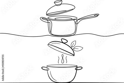 Minimalist Line Art of Cooking Pots with Lids and Steam, Kitchen Illustration Design.