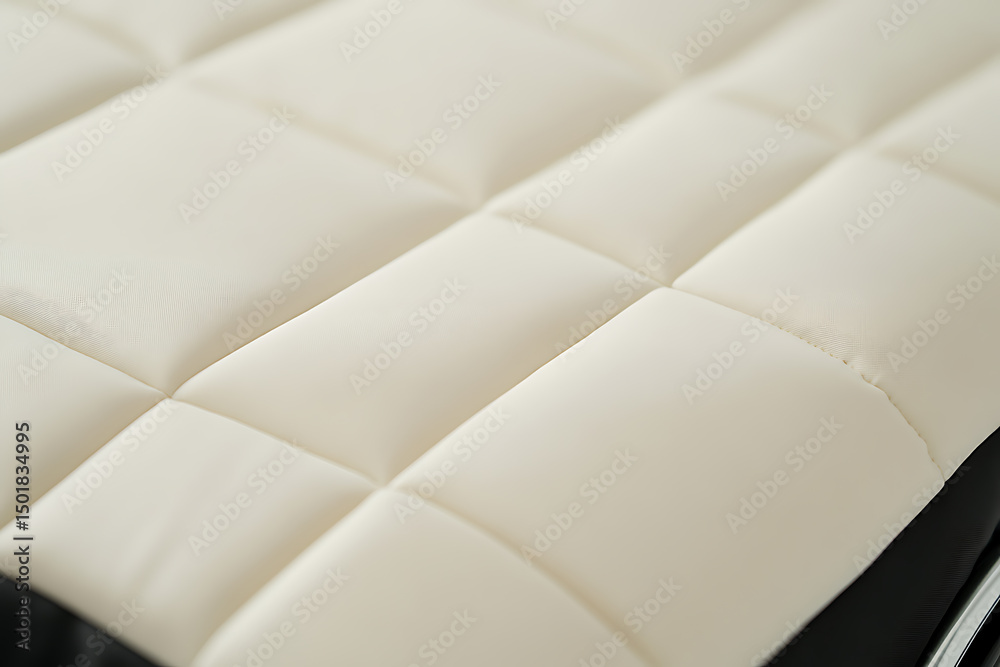Obraz premium Detailed close-up of a creamy white, quilted surface with diamond-pattern stitching, creating a soft, padded texture. Perfect for backgrounds or textures.