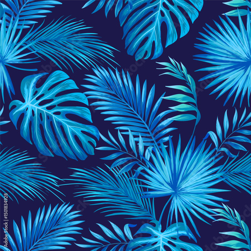 Summer tropic background. Seamless vector tropical illustration with palm leaves. Jungle print.	
