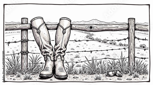 Cowboy boots resting on fence in rural landscape with mountains  