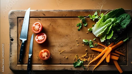 Fresh Vegetables and Kitchen Knives on Rustic Wooden Cutting Board