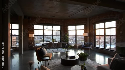 Loft Apartment Interior With Exposed Brick Walls And City View At Sunset