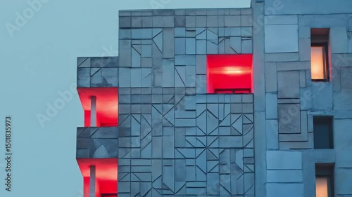 Modern Geometric Building Facade with Red and Blue Lighting at Dusk