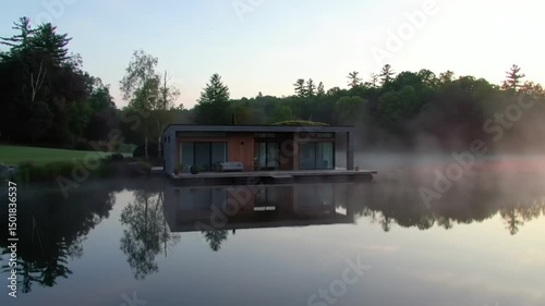 Modern Floating House On A Lake With Reflections At Sunrise Or Sunset