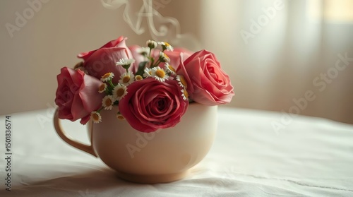 Steaming Tea Cup with Pink Roses and Daisies